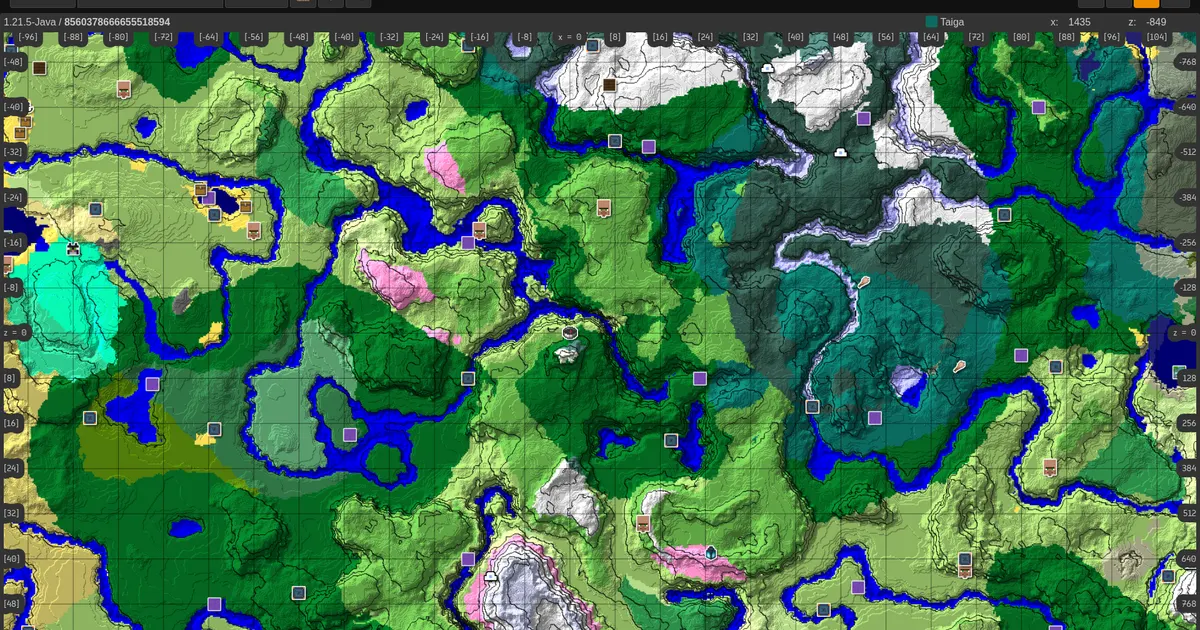 Minesite seed map planner preview with biome colors and structure icons